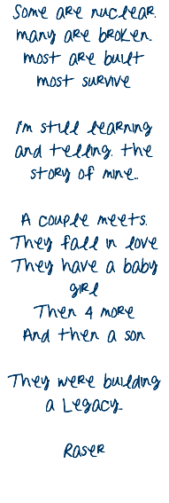 Some are nuclear.
Many are broken..
Most are built
Most survive I'm still learning
and telling. the
story of mine... A couple meets.
They fall in love
They have a baby girl
Then 4 more
And then a son They were building
a Legacy... Raser