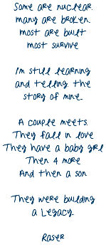 Some are nuclear.
Many are broken..
Most are built
Most survive I'm still learning
and telling. the
story of mine... A couple meets.
They fall in love
They have a baby girl
Then 4 more
And then a son They were building
a Legacy... Raser